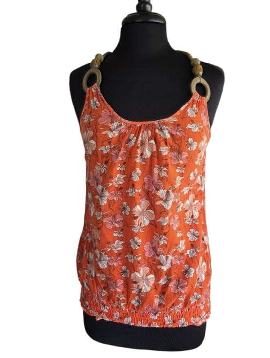 Vintage Tops - Vintage Y2K Boho Bane Beaded Orange Floral Tank Top with Wooden Ring Straps